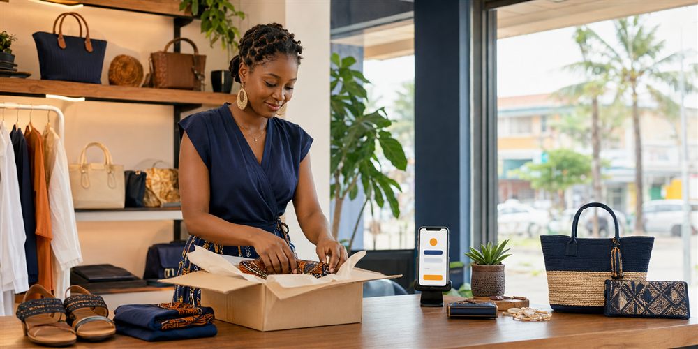 Gérante d'une boutique préparant une commande en Côte d'Ivoire