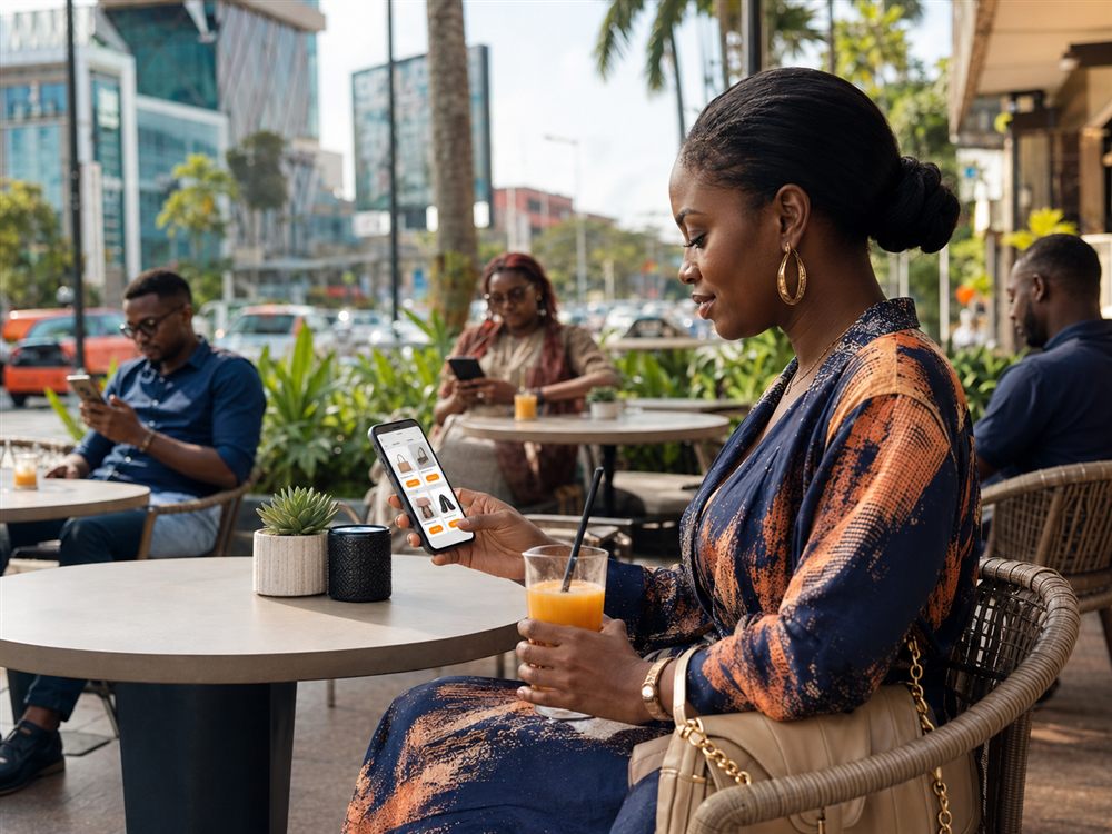 Cliente commandant en ligne à la terrasse d'un café à Abidjan